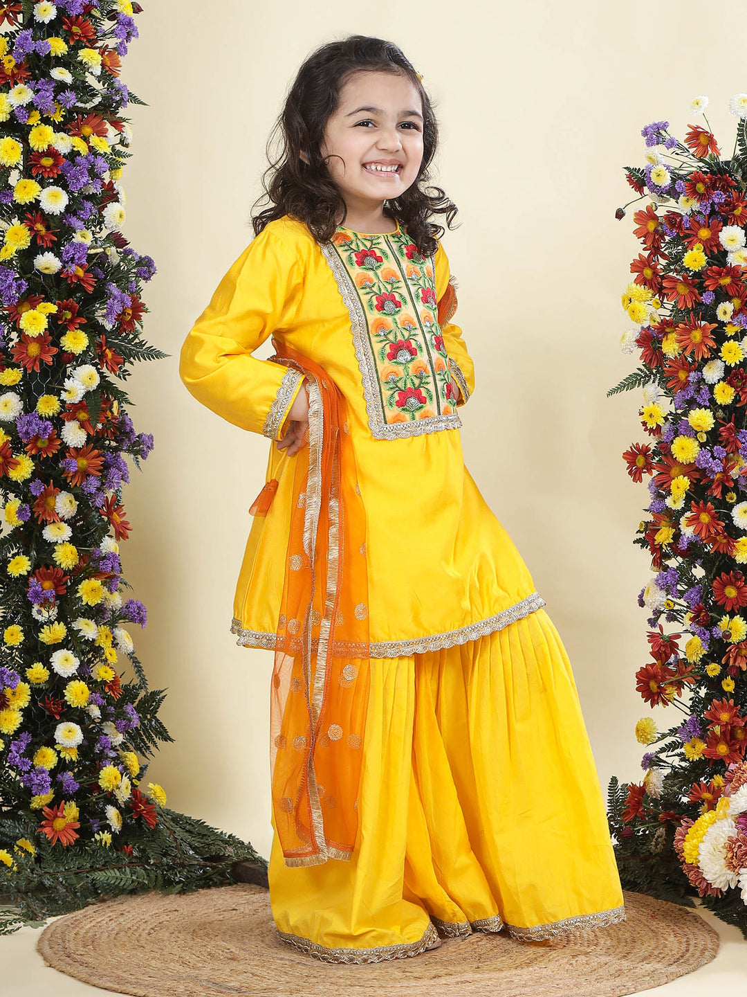 Yellow Floral Embroidered Semi-Silk Kurta with Cotton Sharara and Dupatta Set | SHOBITAM