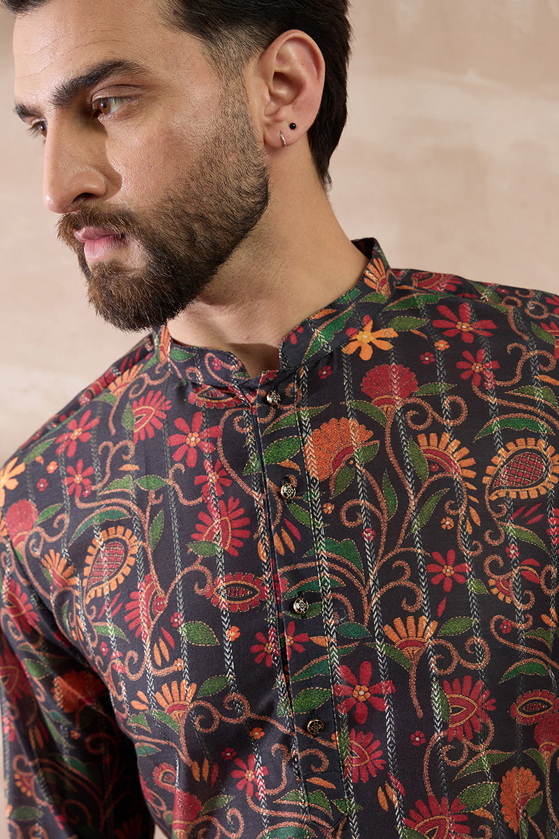 Black Silk Blend Embroidered Mandarin Collar Straight Kurta | SHOBITAM
