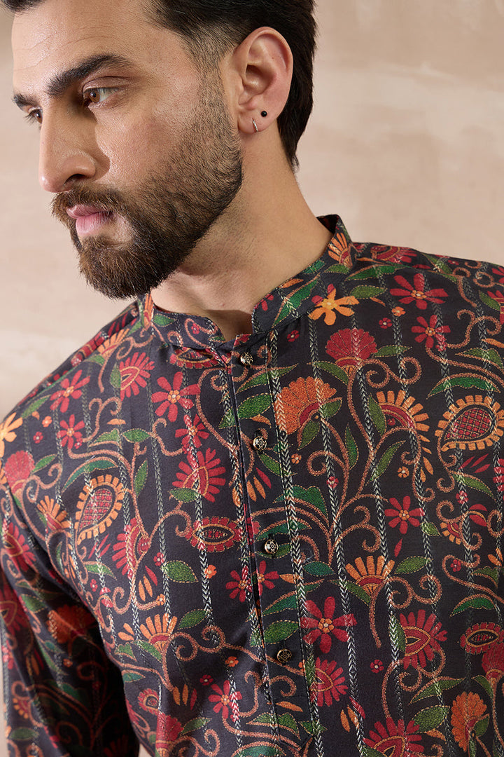Black Silk Blend Embroidered Mandarin Collar Straight Kurta | SHOBITAM