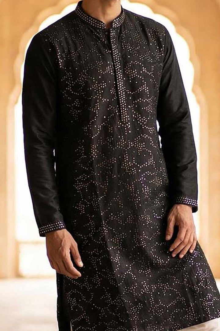 Silk Blend Black Solid Embroidered Calf Length Straight Kurta | SHOBITAM