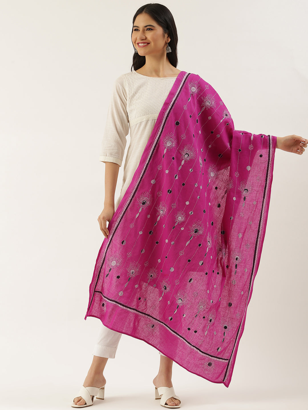 Pink Feathery Kantha Cotton Dupatta | SHOBITAM