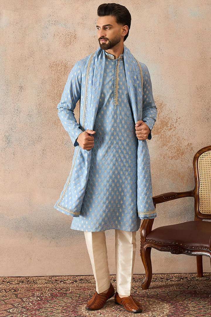Men Blue Jacquard Woven Design Floral Straight Kurta Sets | SHOBITAM