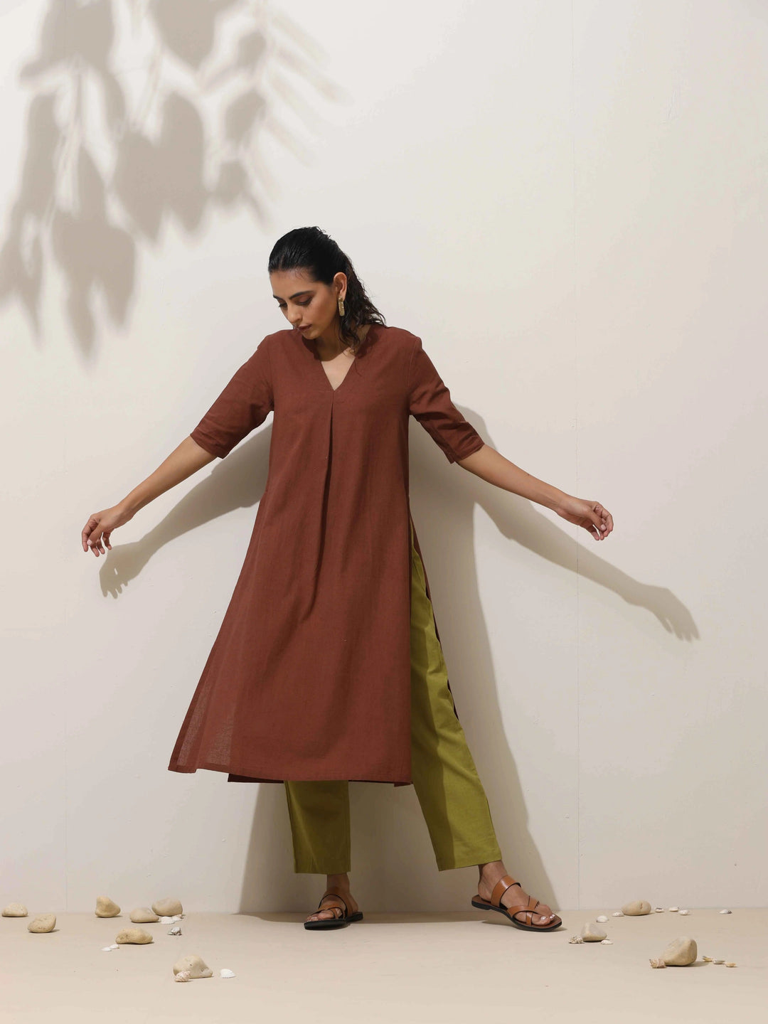 Brown Cotton Linen Kurta Pant Set | SHOBITAM