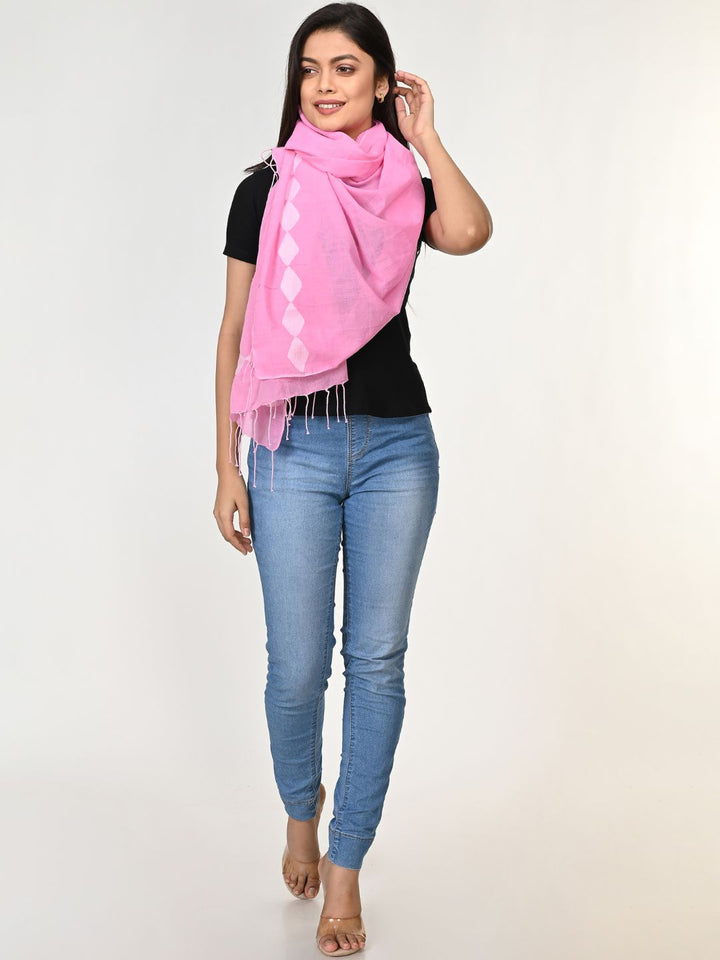 Pretty Pink white Jamdani Cotton Stole | SHOBITAM