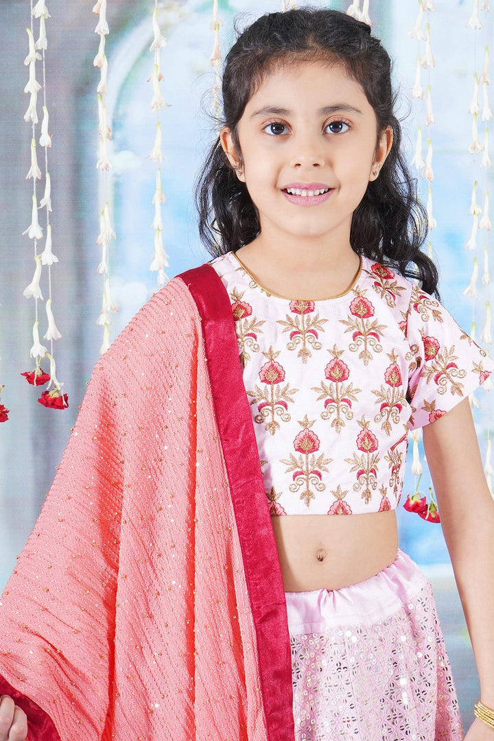 Girl Bageecha Floral Thread work Blouse with Mirror work Lehenga and Sequin moti work Dupatta, accompanied with Hand made tassel and Ghungroo work | SHOBITAM