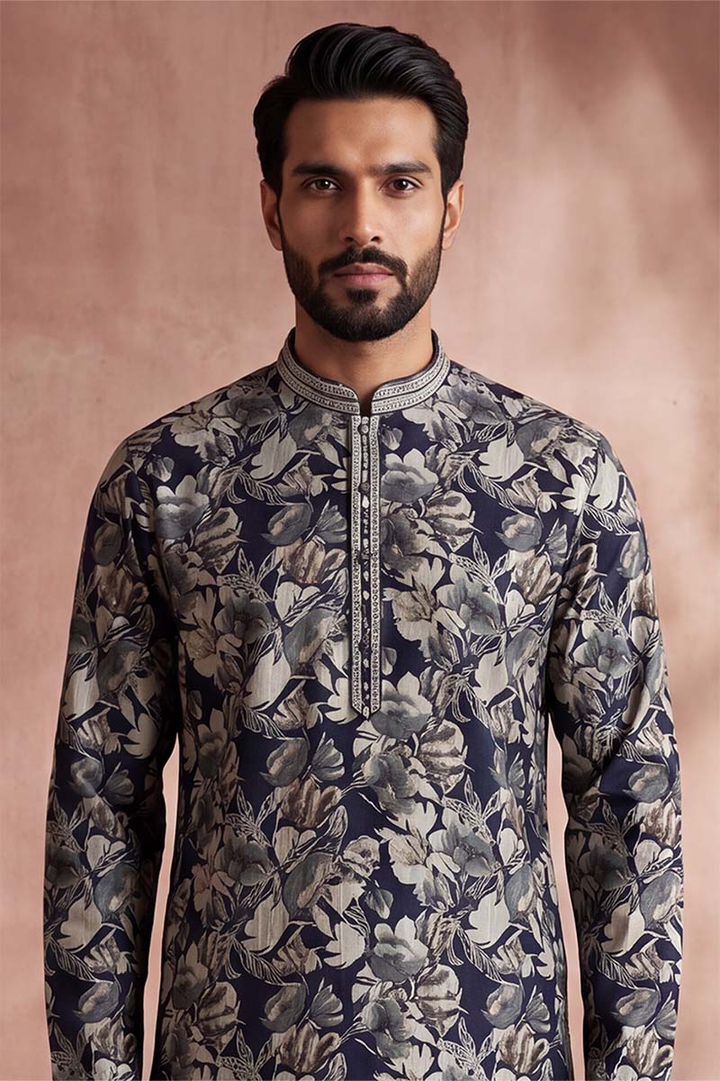 Mens Blue Viscose Rayon Floral Printed Kurta With Trousers | SHOBITAM