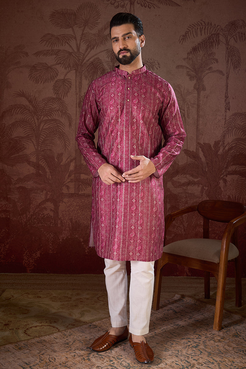 Maroon Silk Blend Ethnic Motifs Printed Straight Kurta With Trouser | SHOBITAM