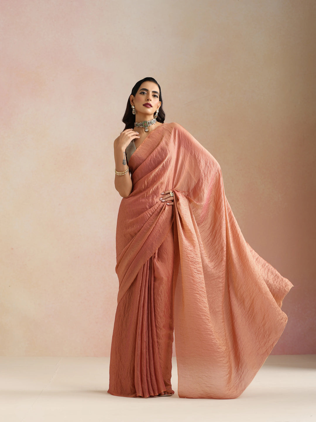 Peach Copper Tissue Saree With Unstitched Blouse | SHOBITAM