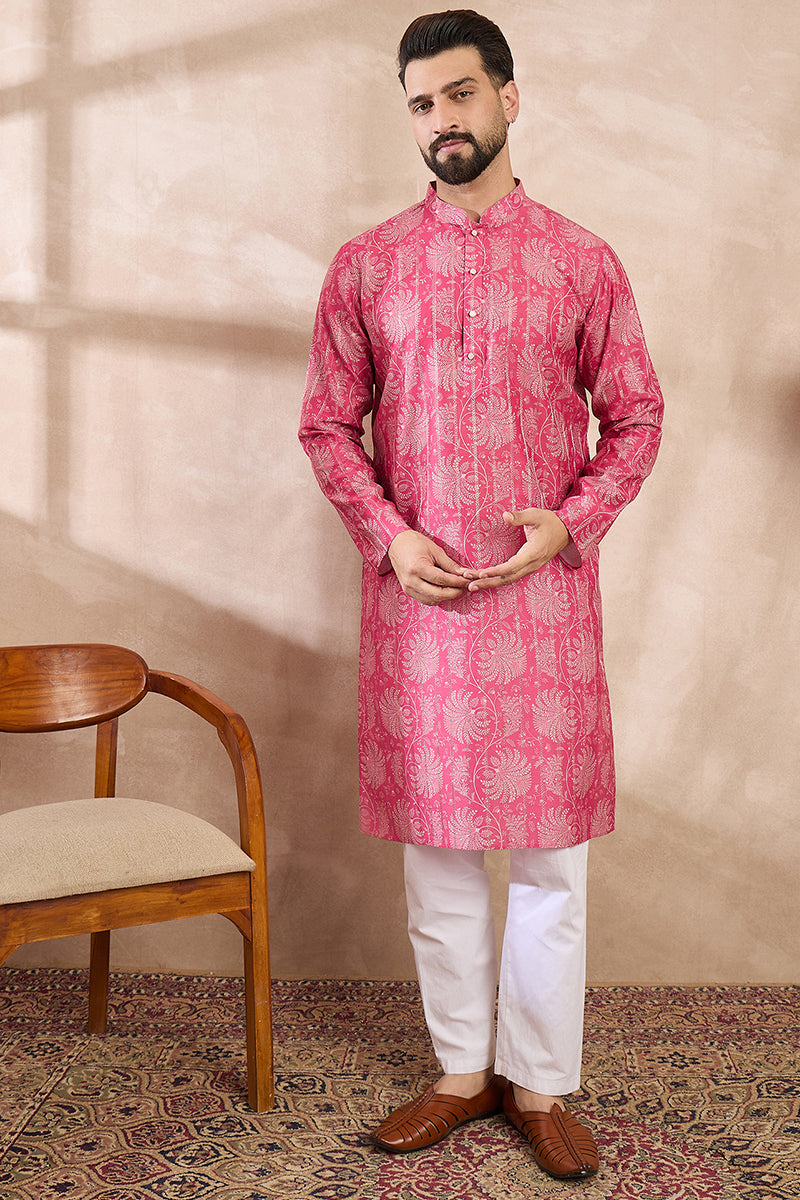 Pink Silk Blend Floral Printed Straight Kurta For Men | SHOBITAM