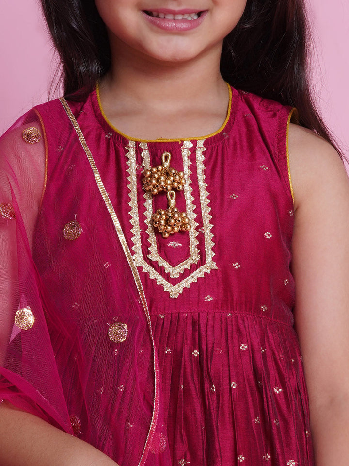 Chanderi Cotton Sleeveless Zari Boota & Lace Embellished Kurta Frock with Plazzo and Dupatta - Hot Pink | SHOBITAM