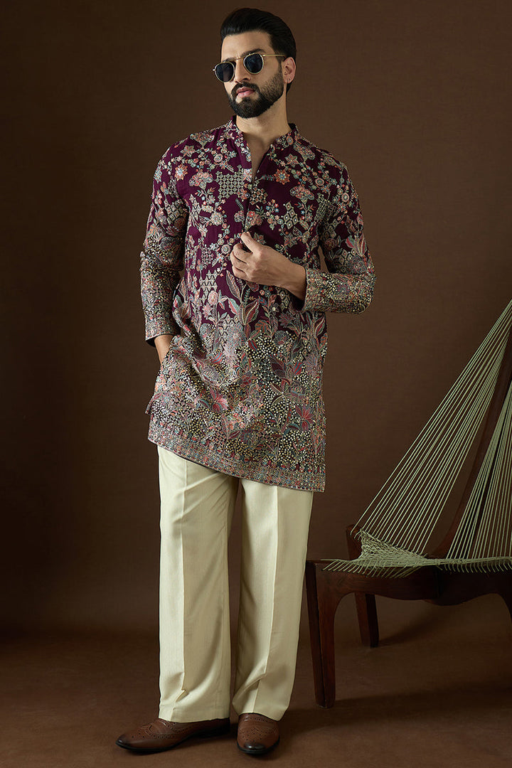 Wine Georgette Solid Embroidered Straight Kurta | SHOBITAM