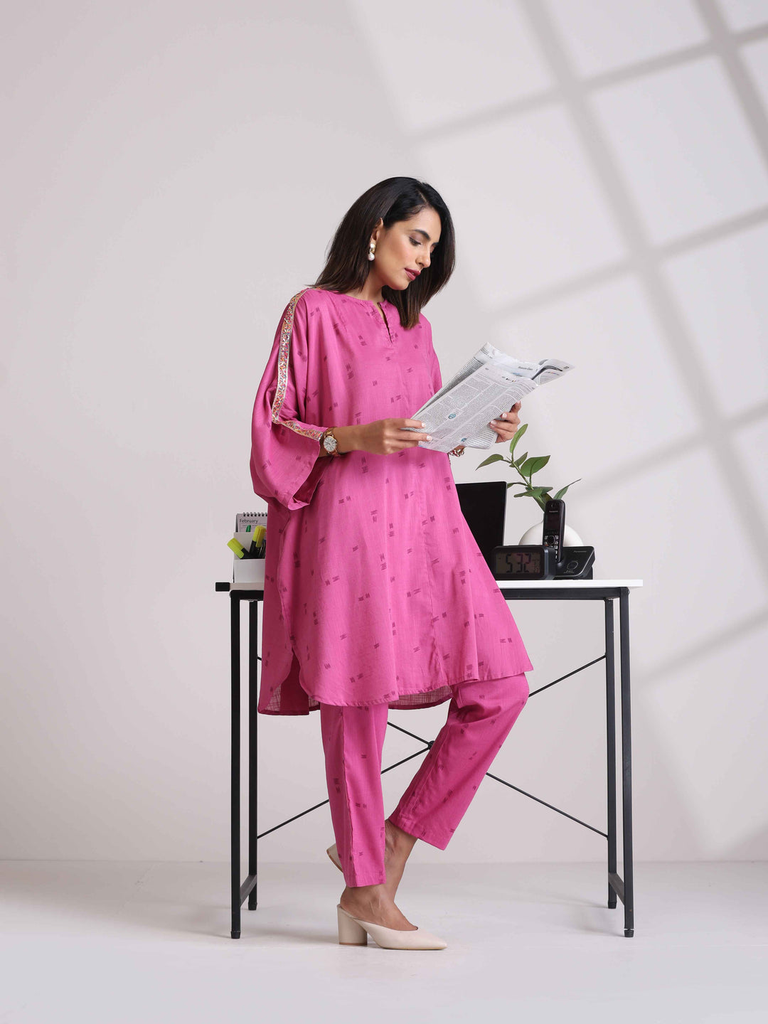 Pink Print Kaftan Kurta Co-ord Set | SHOBITAM