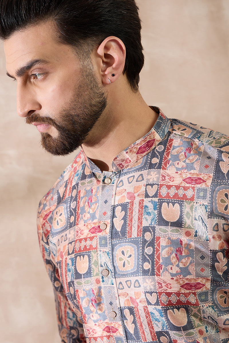 Multi Silk Blend Printed Mandarin Collar Straight Kurta With Trouser | SHOBITAM