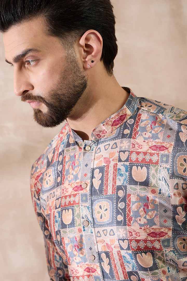Multi Silk Blend Printed Mandarin Collar Straight Kurta With Trouser | SHOBITAM