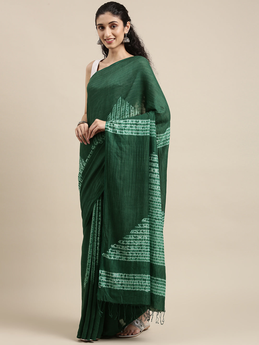 Dark Green Handloom woven Shibori Cotton Saree | SHOBITAM