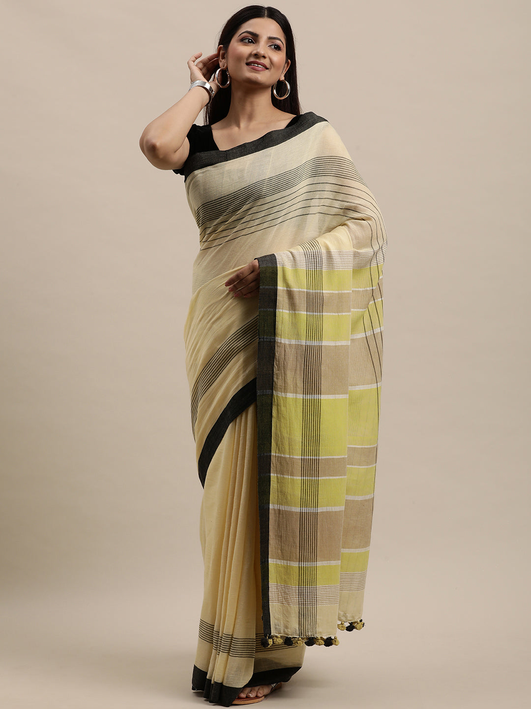 Yellow Cream Colour Block Cotton Saree with pompoms
