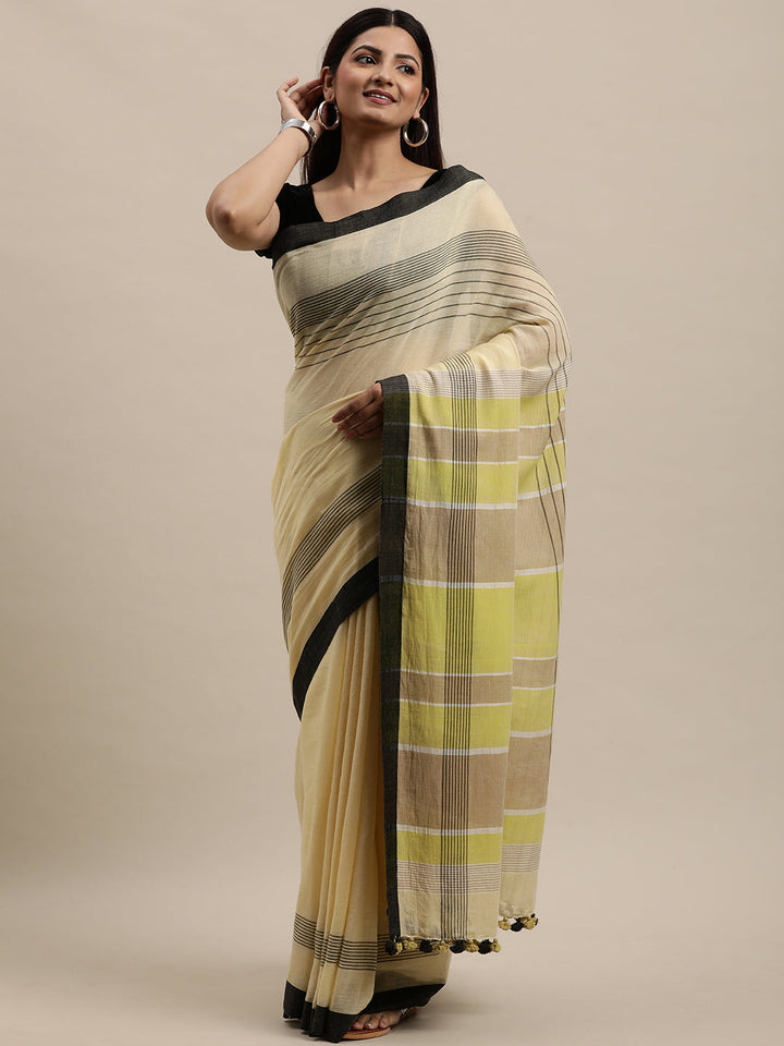 Yellow Cream Colour Block Cotton Saree with pompoms
