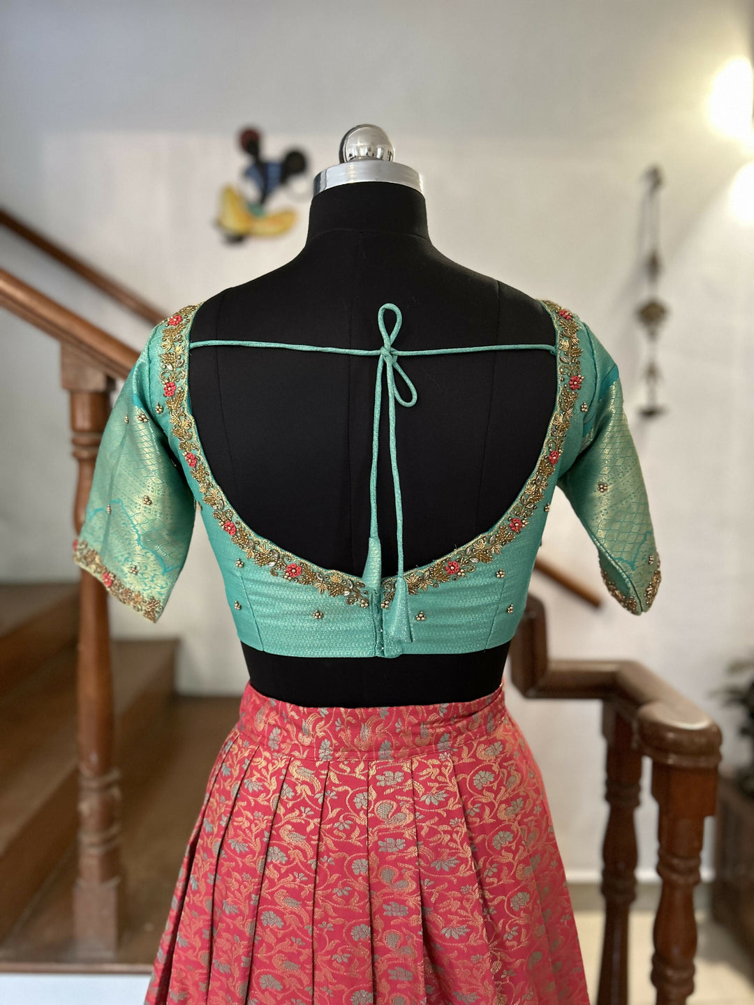 Tomato Red jacquard sea blue semi Kanchi lehenga | SHOBITAM