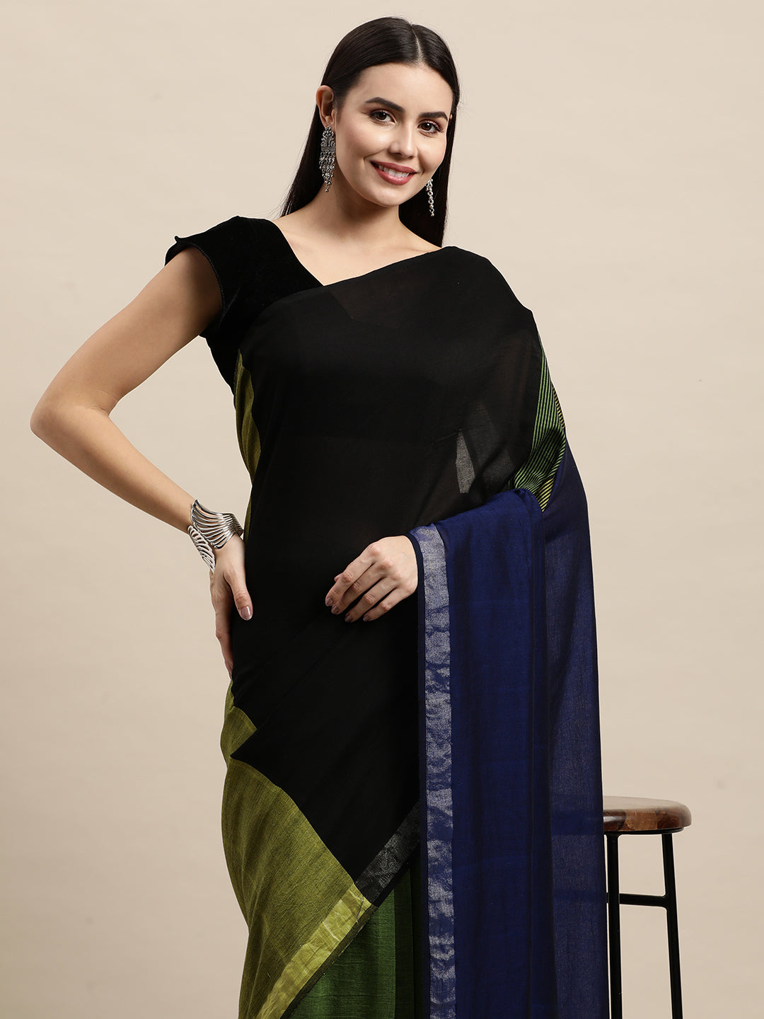 Moss Green Colour block Cotton Saree with pompoms With Minimal Border, No Blouse Piece