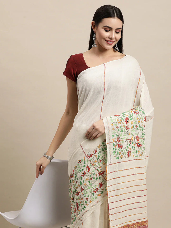 Cream Handloom Cotton Saree with Floral Kantha Embroidery Border