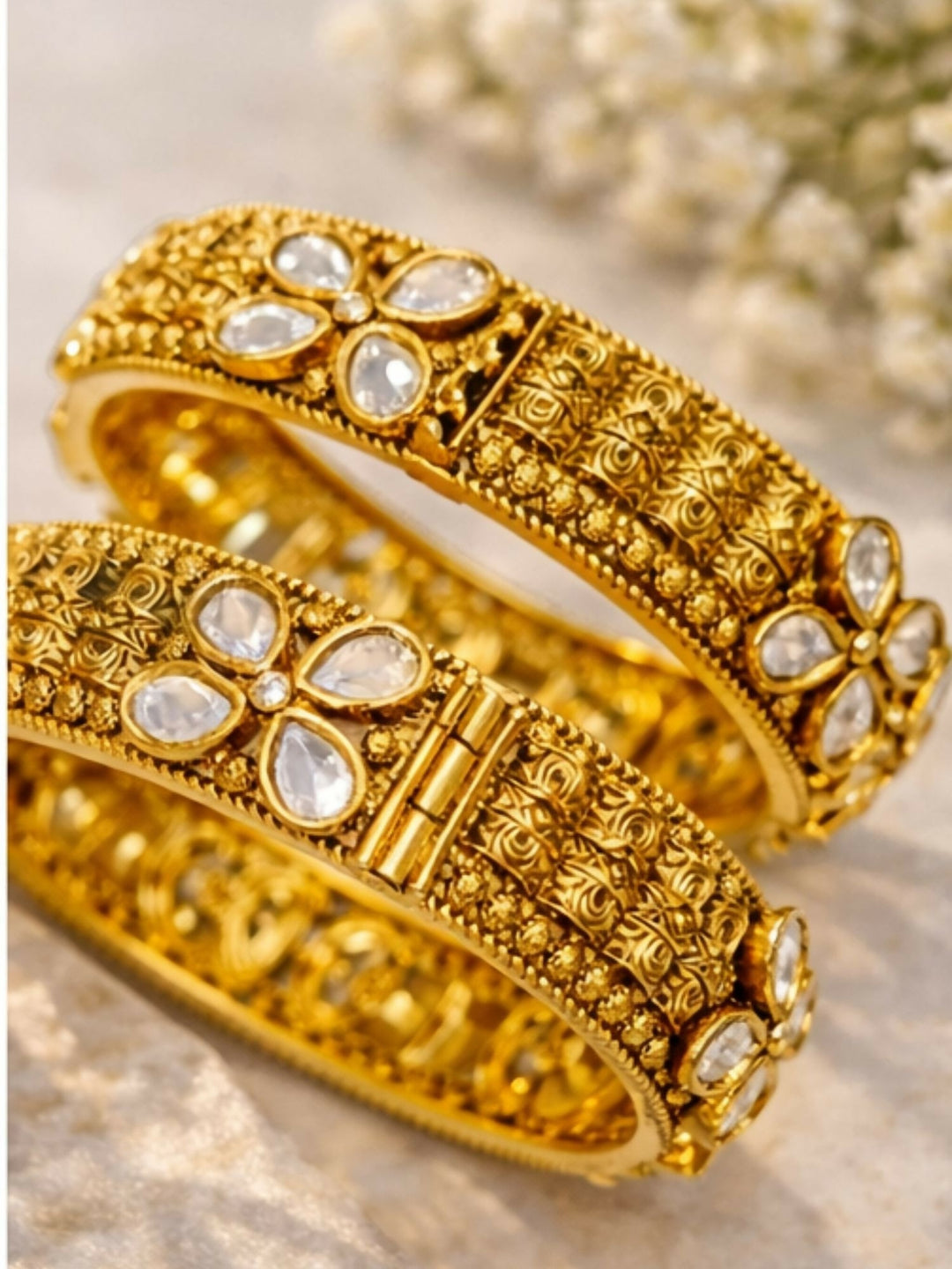 Gold Plated Antique Floral Moissanite Bangles | SHOBITAM