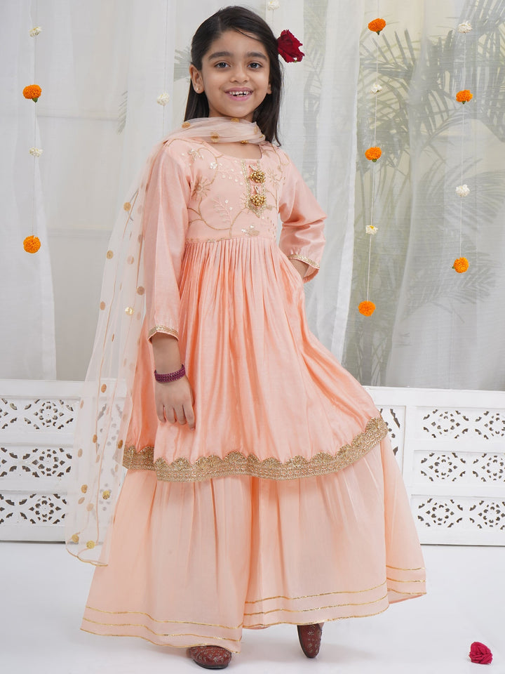 Girls Peach Chanderi Semi-Silk Floral Embroidery Kurta Sharara Set with Dupatta | SHOBITAM