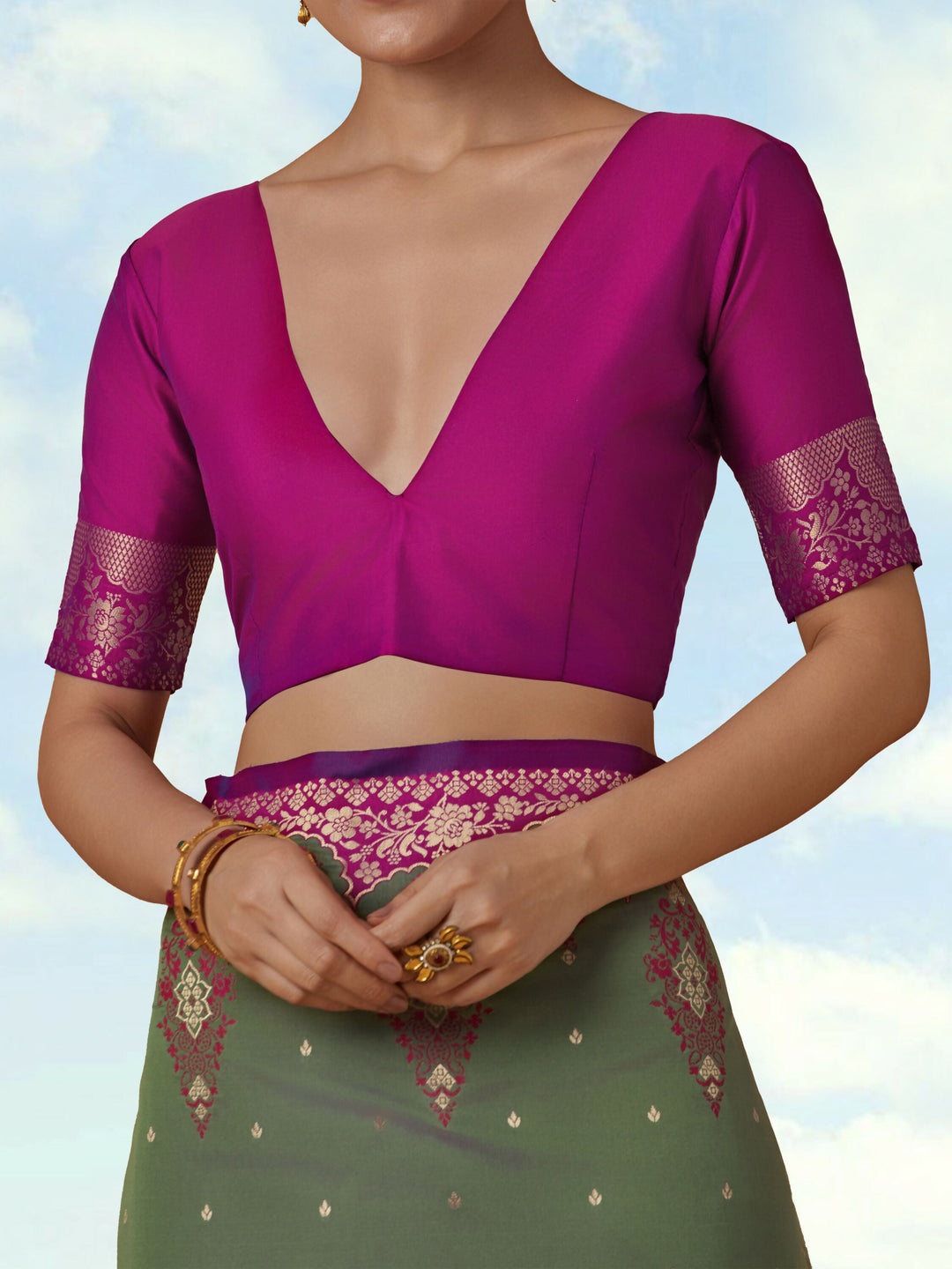 Olive Semi Banarasi Silk Blend Saree with Zari Woven Work | SHOBITAM