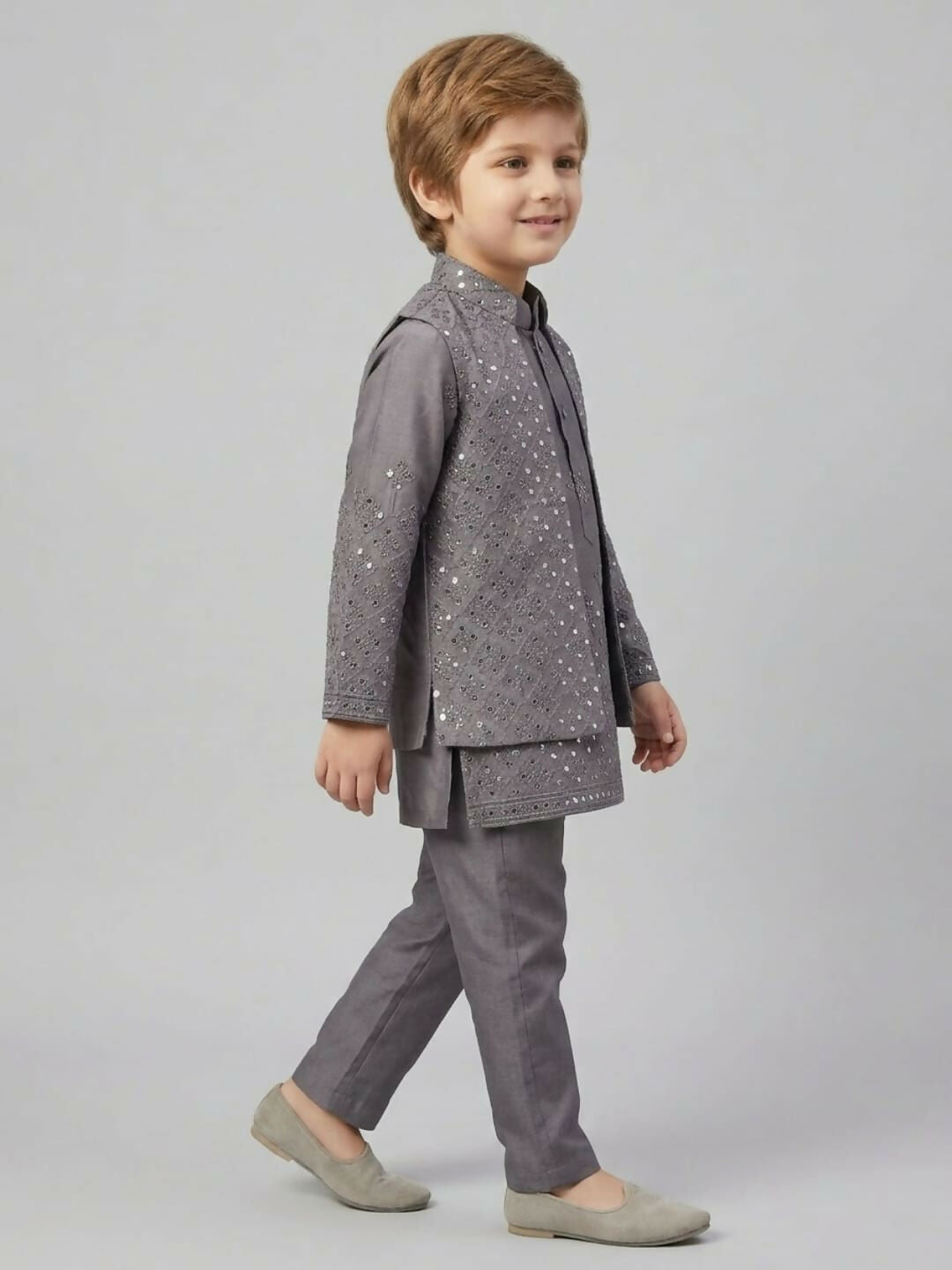 Boys Embroidered Grey Kurta Pajama Set with Ethnic Jacket | SHOBITAM