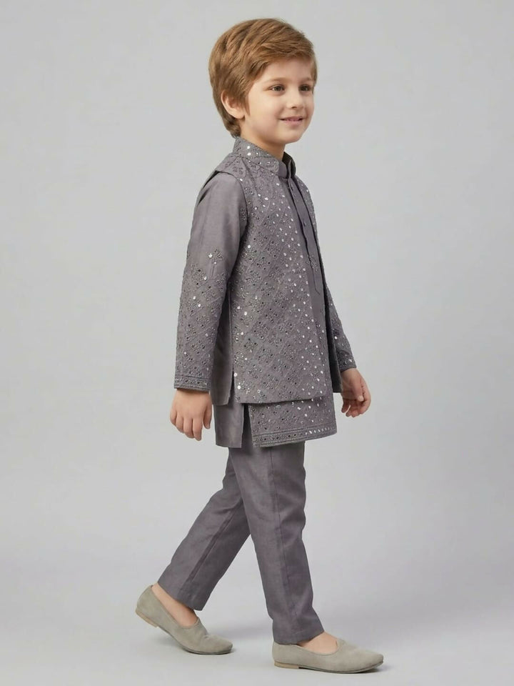 Boys Embroidered Grey Kurta Pajama Set with Ethnic Jacket | SHOBITAM