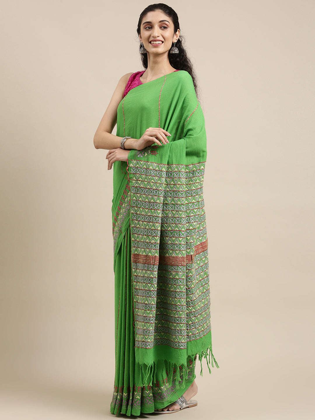 Parrot Green Khesh Kantha Cotton Saree