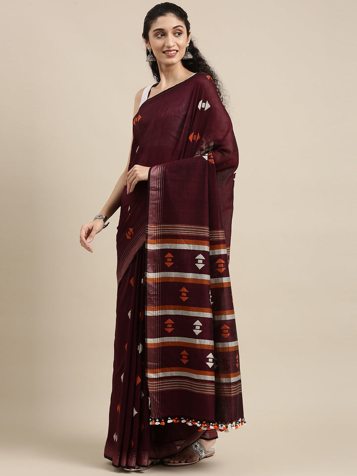 Brown Orange Jamdani Cotton Saree with blouse piece | SHOBITAM