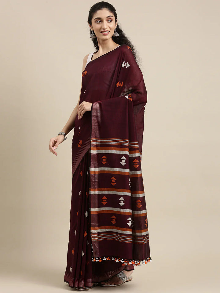 Brown Orange Jamdani Cotton Saree with Blouse piece