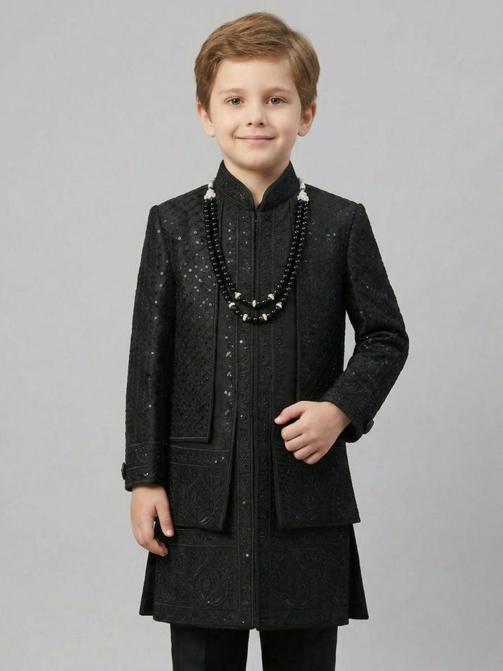 Boys Embroidered Black Sherwani Set with Jacket, Trousers | SHOBITAM