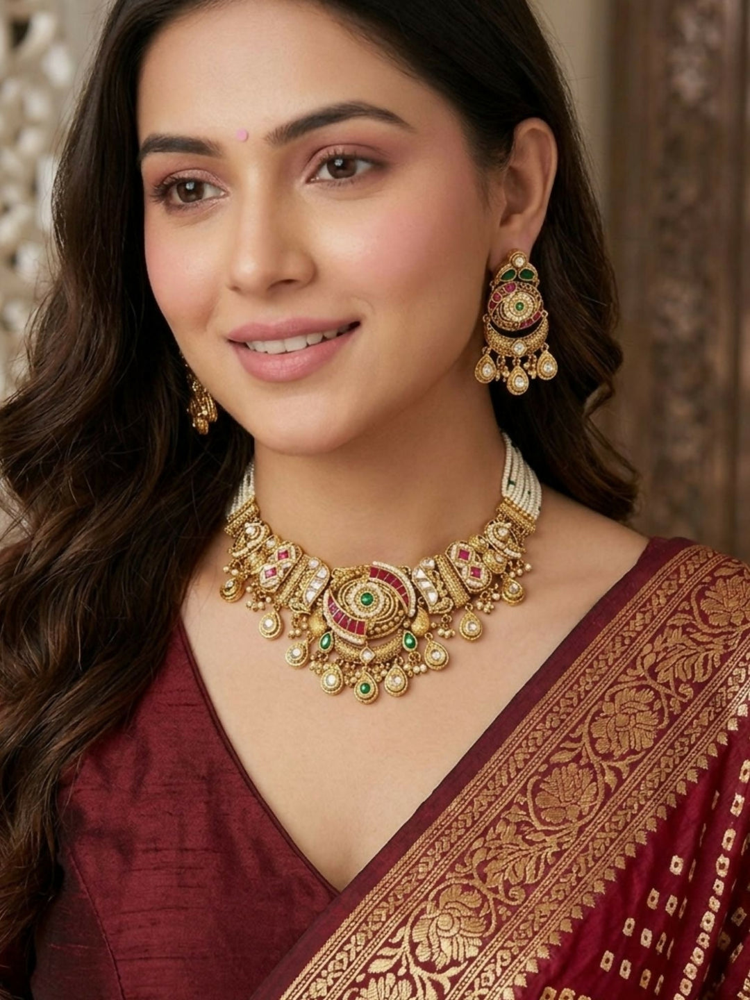 Royal Kundan Polki Choker Set with Emerald & Ruby Drops | SHOBITAM