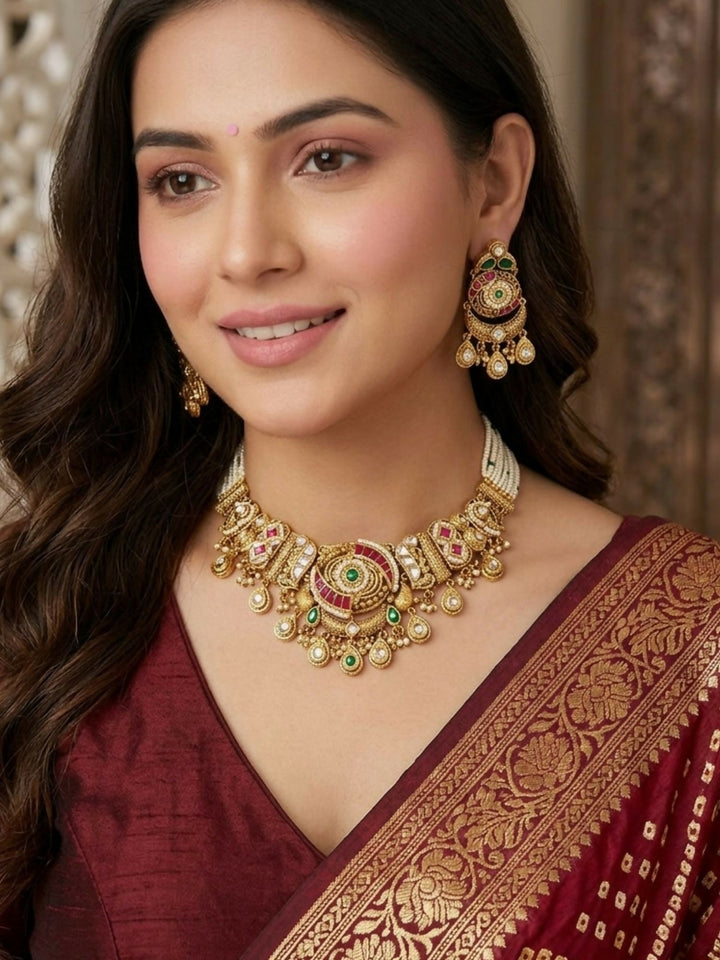 Royal Kundan Polki Choker Set with Emerald & Ruby Drops | SHOBITAM