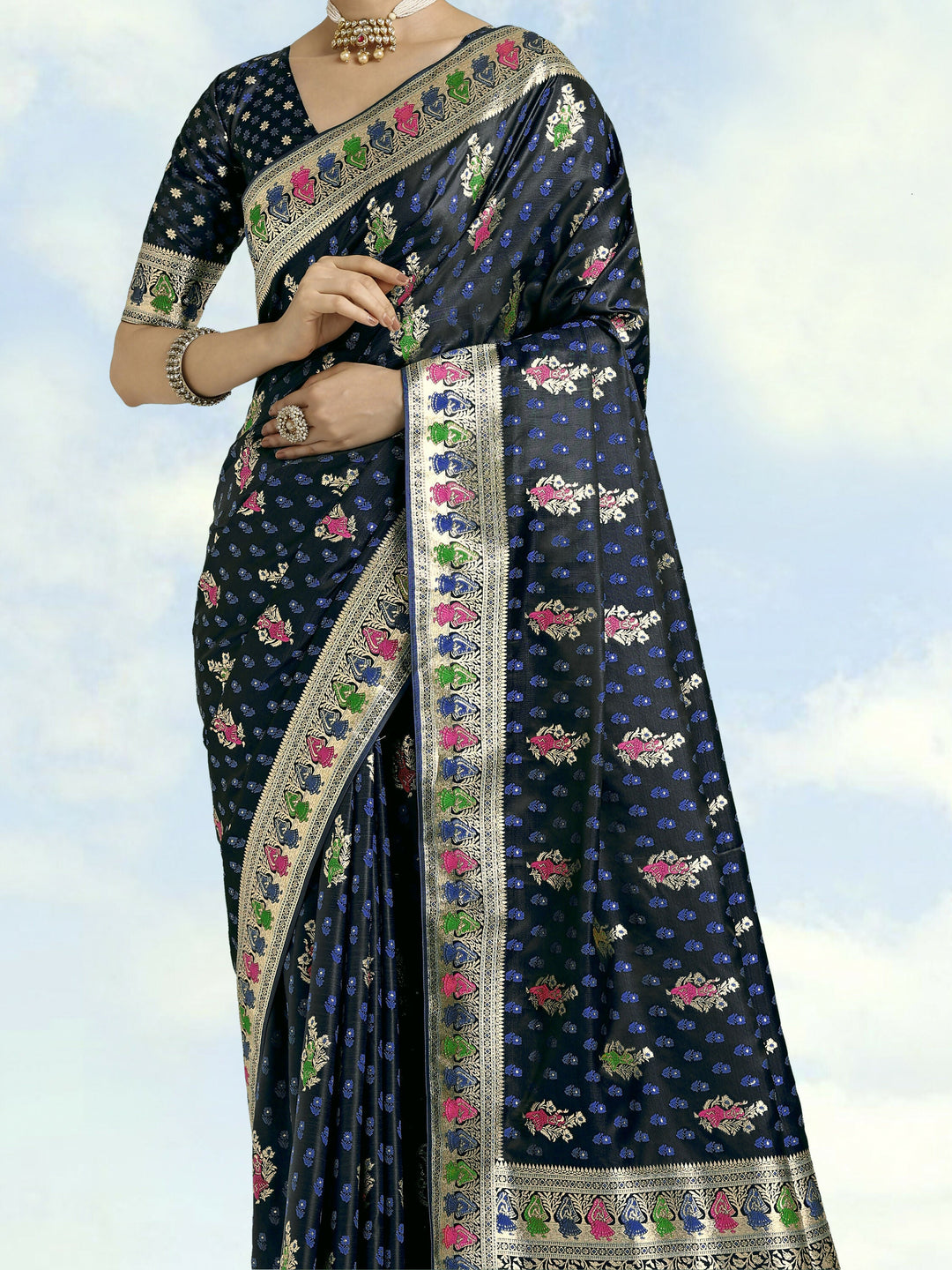 Dark blue With Gold Bordar Banarasi Satin Zari Woven Saree | SHOBITAM
