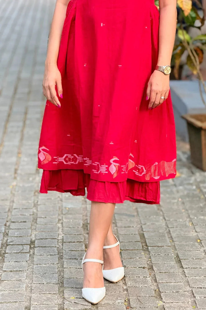 Radiance Red Layered Jamdani Dress | SHOBITAM