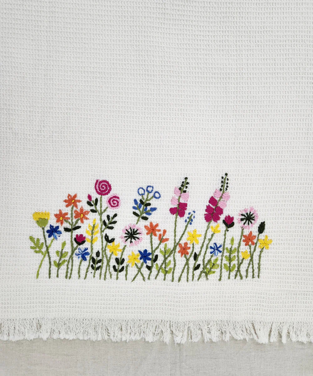 Embroidered 1 Pc Bath and 2 Pcs Hand Towel Set | Cotton Waffle Fabric | White | SHOBITAM
