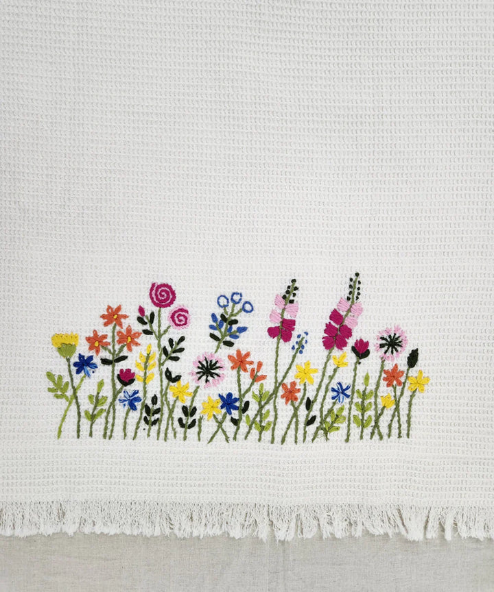 Embroidered 1 Pc Bath and 2 Pcs Hand Towel Set | Cotton Waffle Fabric | White | SHOBITAM