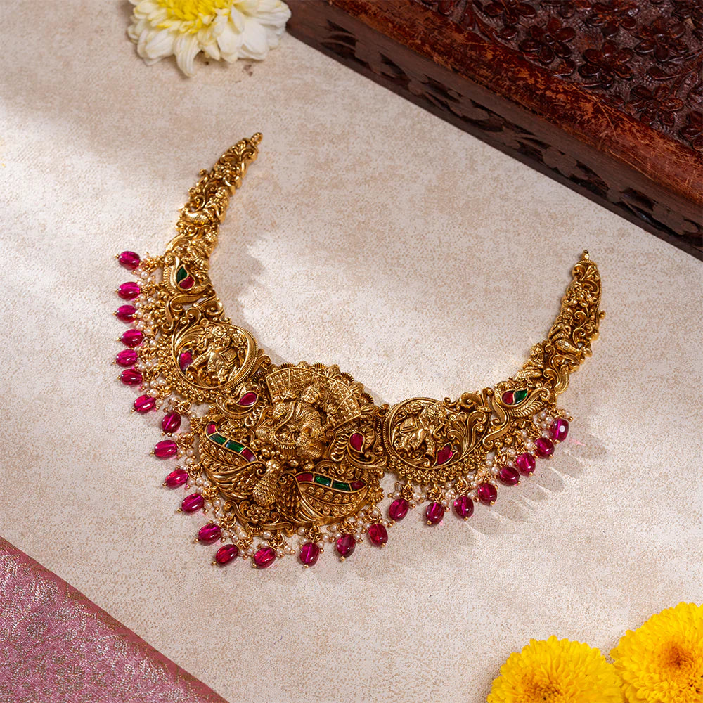 Stunning 92.5 Silver, Gold Plated Suvarna Kalasha Lakshmi Necklace Set