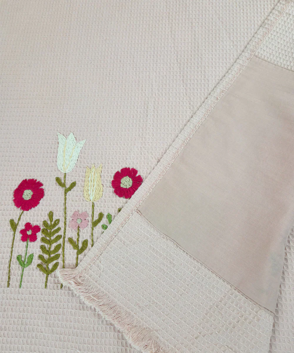 Embroidered 1 Pc Bath and 2 Pcs Hand Towel Set | Cotton Waffle Fabric | Dusty Pink | SHOBITAM