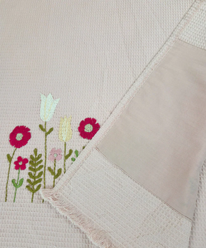 Embroidered 1 Pc Bath and 2 Pcs Hand Towel Set | Cotton Waffle Fabric | Dusty Pink | SHOBITAM