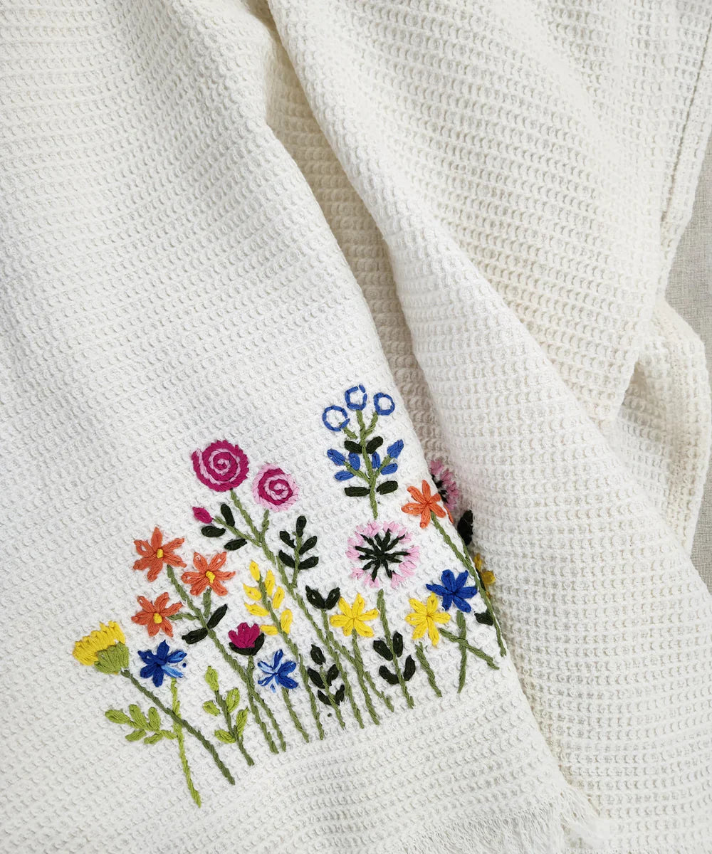 Embroidered 1 Pc Bath and 2 Pcs Hand Towel Set | Cotton Waffle Fabric | White | SHOBITAM