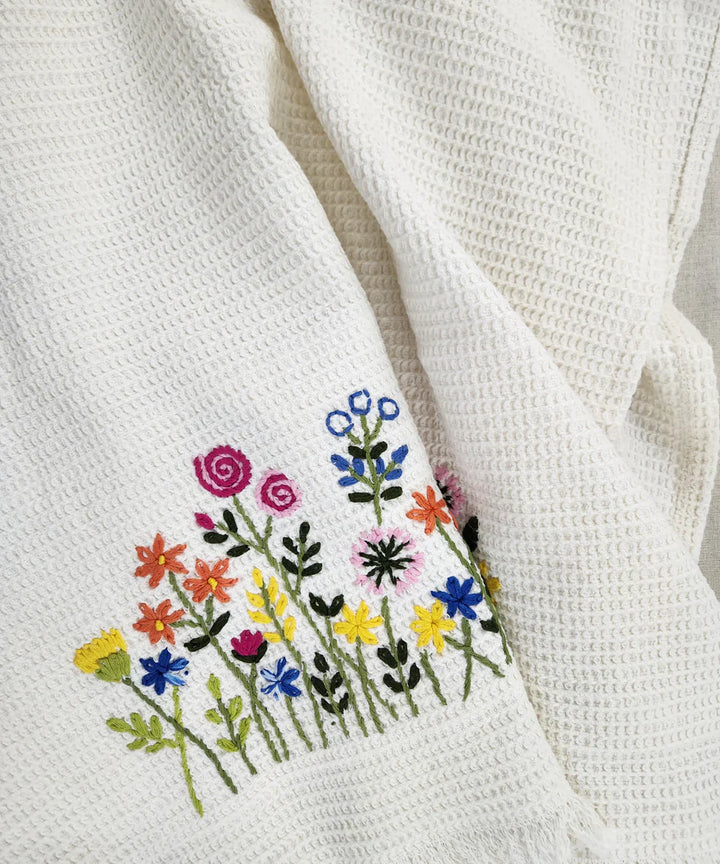 Embroidered 1 Pc Bath and 2 Pcs Hand Towel Set | Cotton Waffle Fabric | White | SHOBITAM