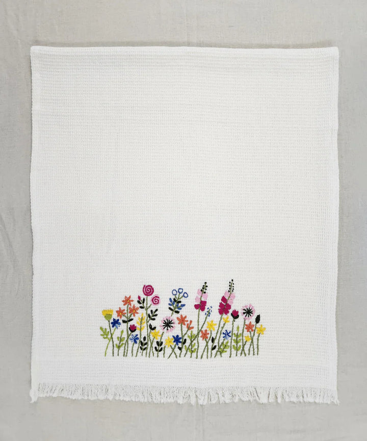 Embroidered 1 Pc Bath and 2 Pcs Hand Towel Set | Cotton Waffle Fabric | White | SHOBITAM