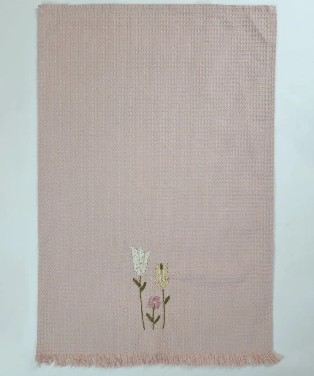 Embroidered 1 Pc Bath and 2 Pcs Hand Towel Set | Cotton Waffle Fabric | Dusty Pink | SHOBITAM