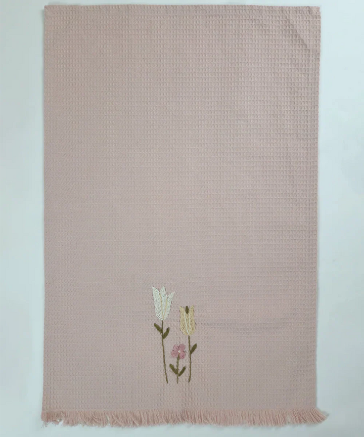 Embroidered 1 Pc Bath and 2 Pcs Hand Towel Set | Cotton Waffle Fabric | Dusty Pink | SHOBITAM