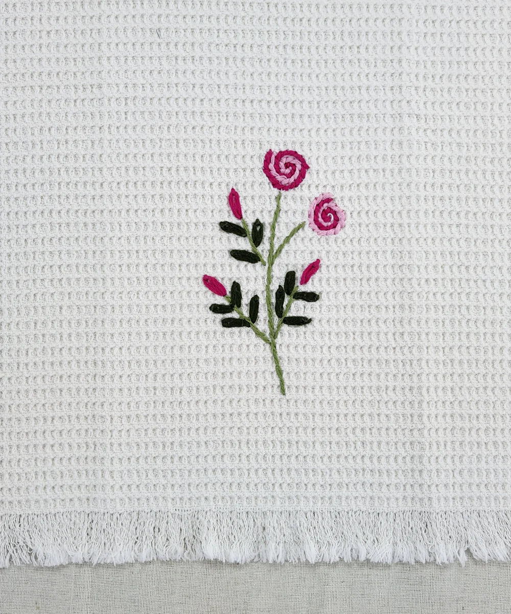 Embroidered 1 Pc Bath and 2 Pcs Hand Towel Set | Cotton Waffle Fabric | White | SHOBITAM