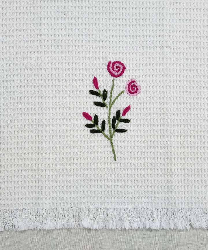 Embroidered 1 Pc Bath and 2 Pcs Hand Towel Set | Cotton Waffle Fabric | White | SHOBITAM