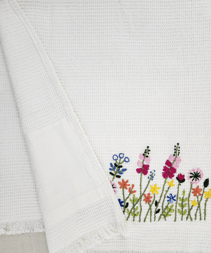 Embroidered 1 Pc Bath and 2 Pcs Hand Towel Set | Cotton Waffle Fabric | White | SHOBITAM